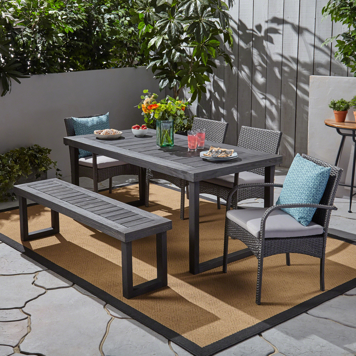 Anemone Outdoor 6-Seater Wood And Wicker Chair And Bench Dining Set - Sandblast Dark Grey + Gray