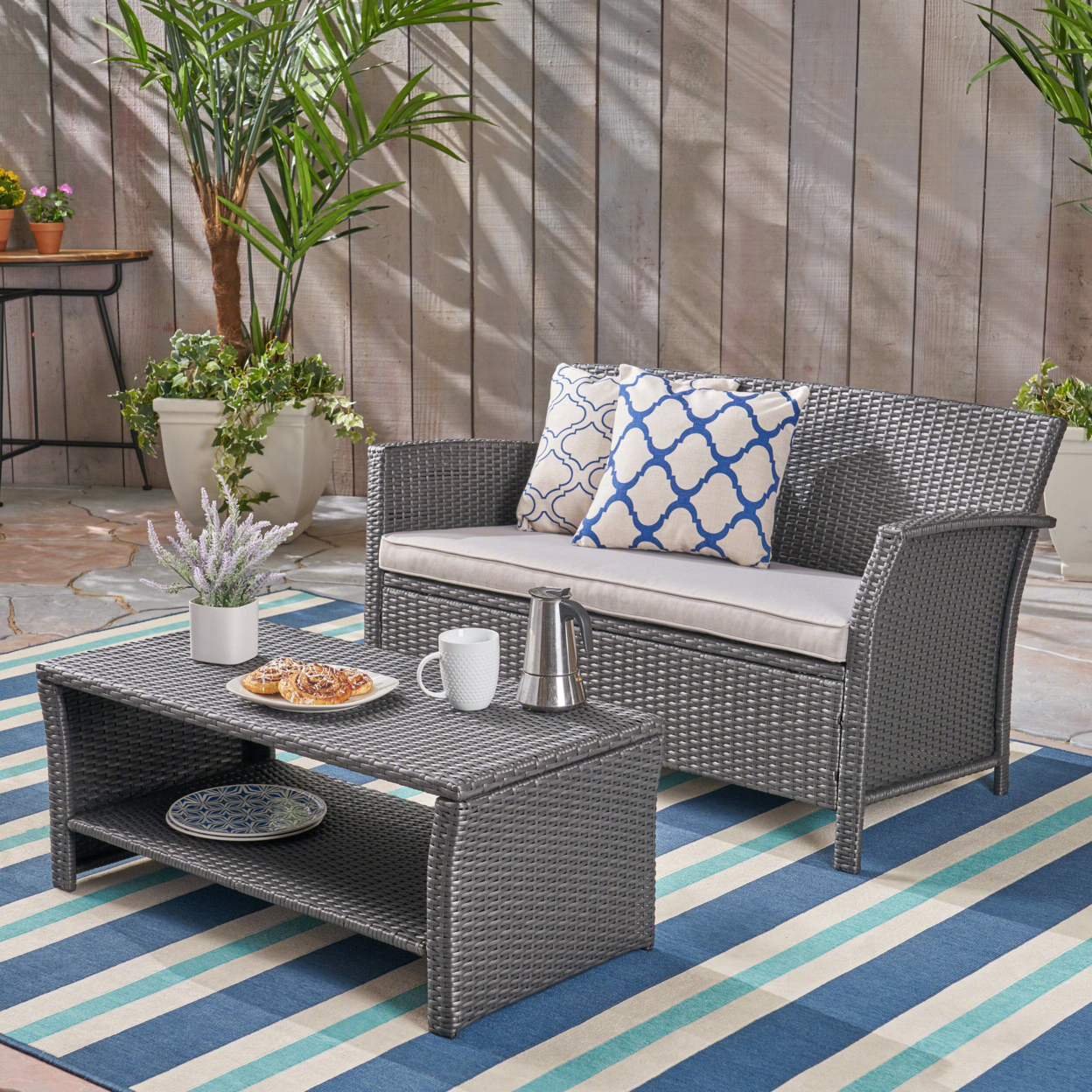 Lucia Outdoor Wicker Loveseat With Coffee Table - Gray + Silver