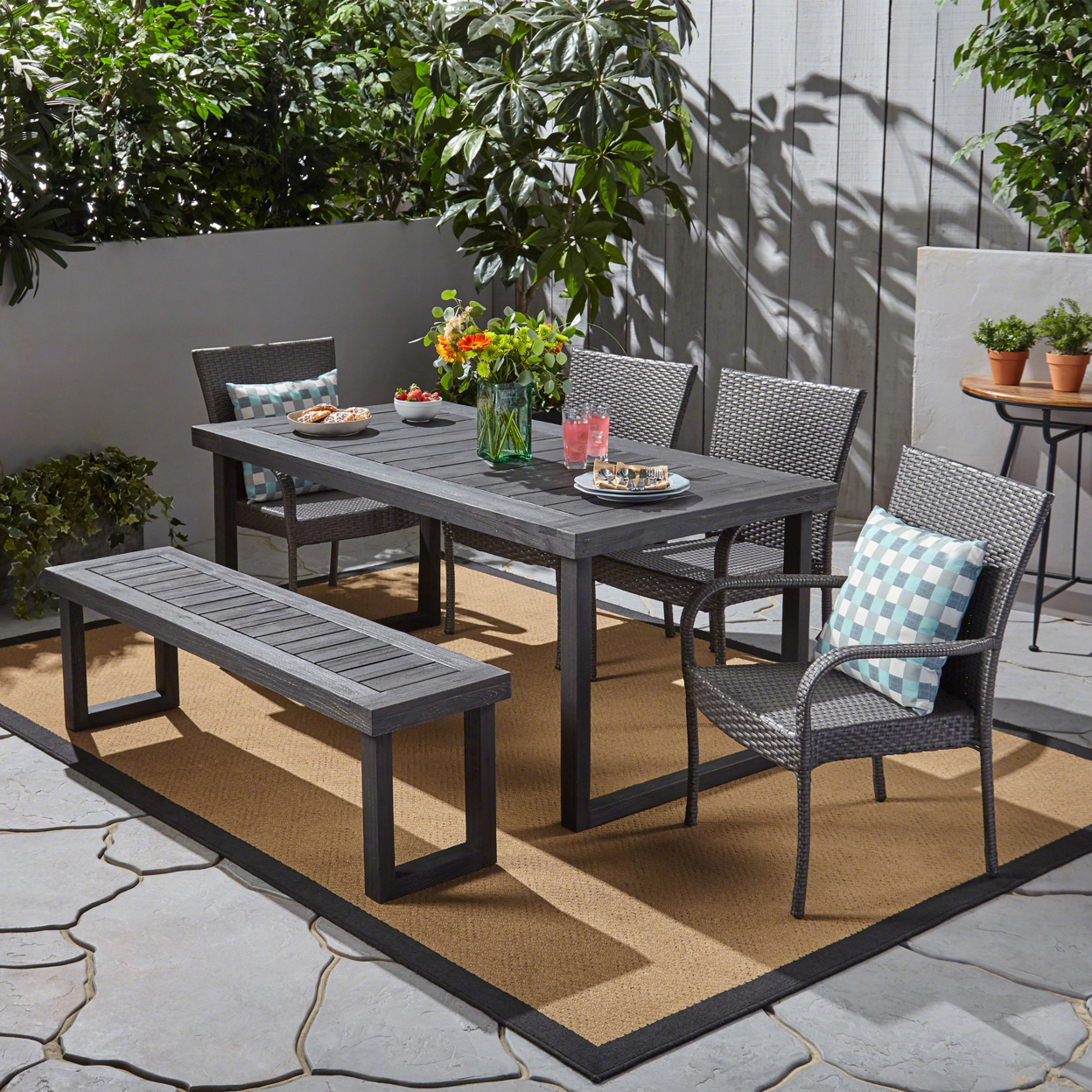 Alfven Outdoor 6-Seater Aluminum Dining Set With Wicker Chairs And Bench - Sandblast Dark Grey + Gray