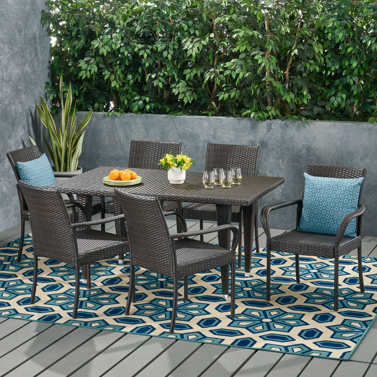Admiral Outdoor Contemporary 6 Seater Wicker Dining Set - Multi-brown