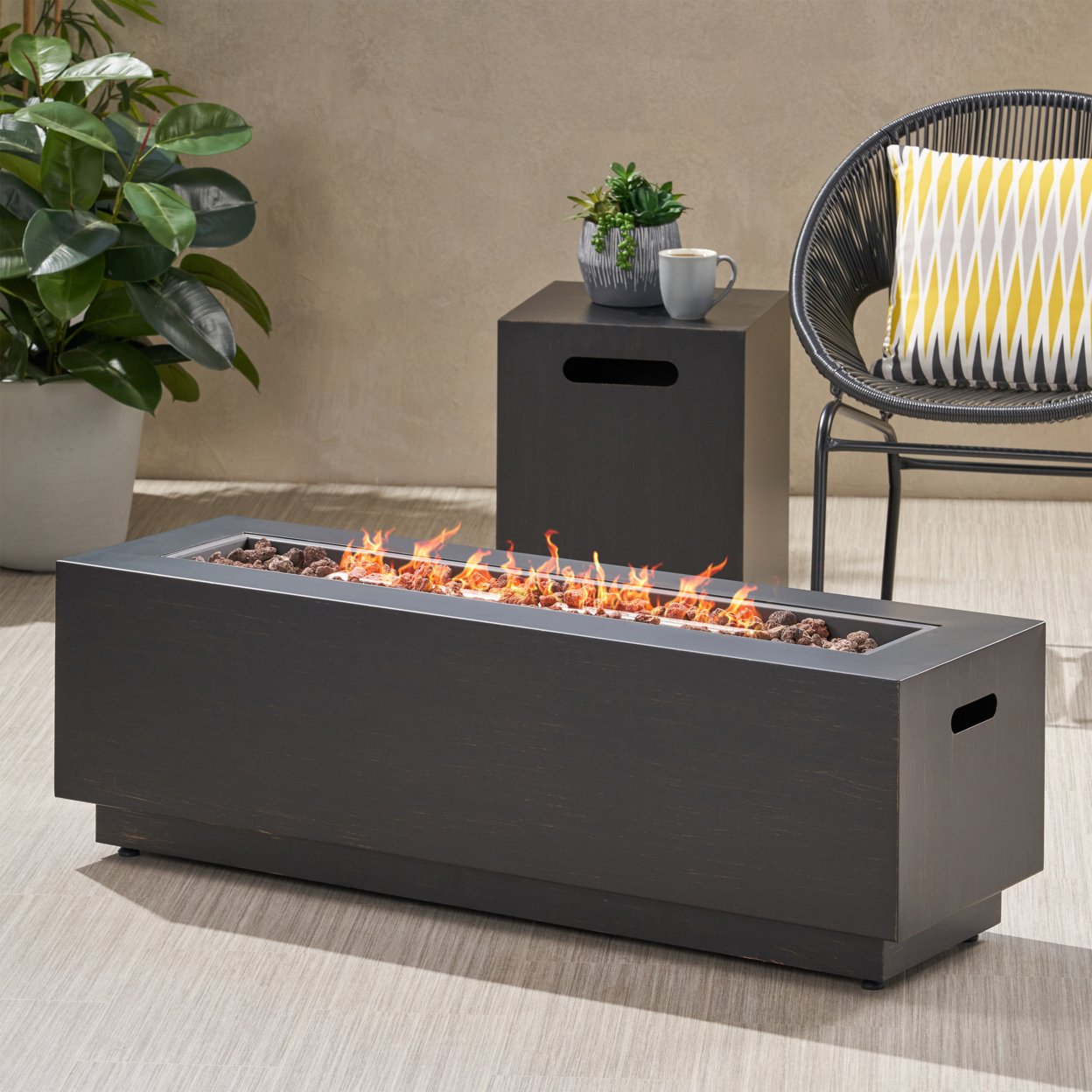 Hemmingway Outdoor Rectangular Fire Pit With Tank Holder - Brushed Brown Finish