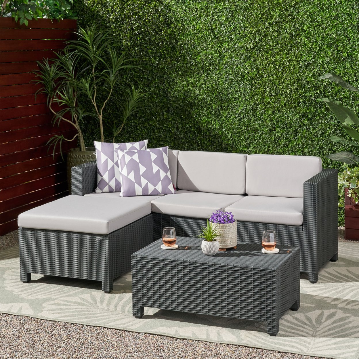 Odessa Outdoor Wicker 3 Seater Sectional Set With Ottoman - Dark Gray + Gray