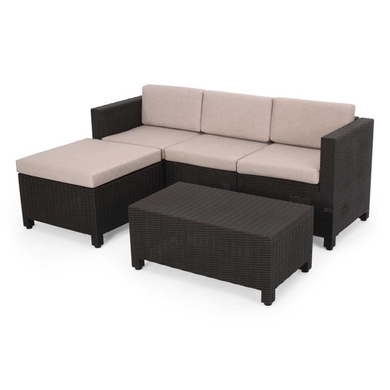 Odessa Outdoor Wicker 3 Seater Sectional Set With Ottoman - Dark Gray + Gray