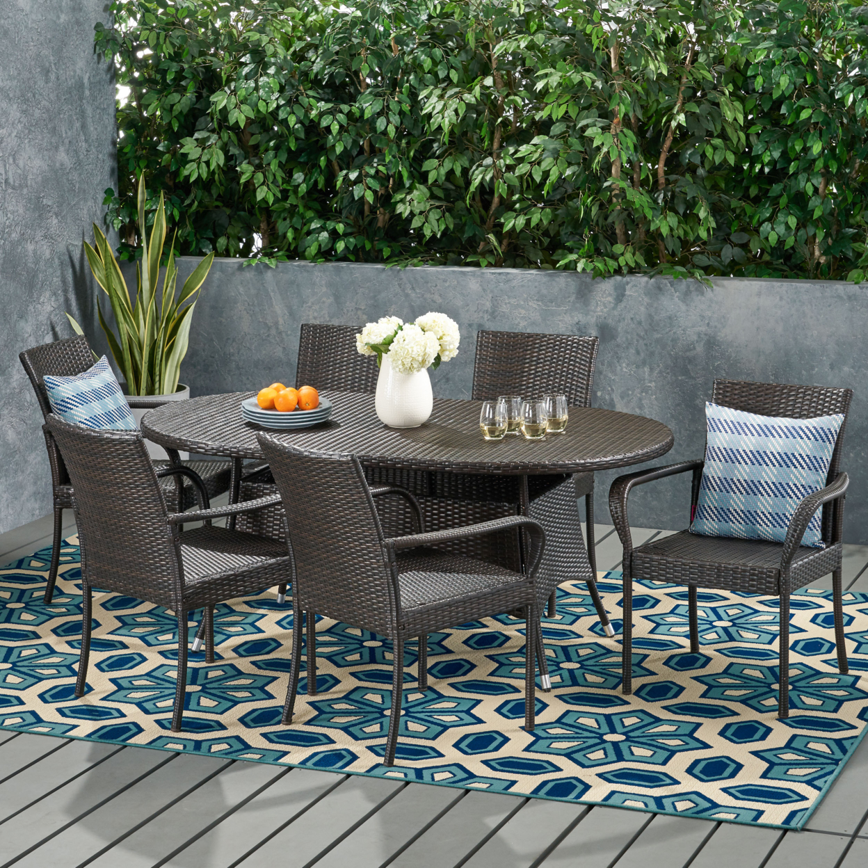 Eclipse Outdoor Contemporary 6 Seater Wicker Dining Set - Multi-brown