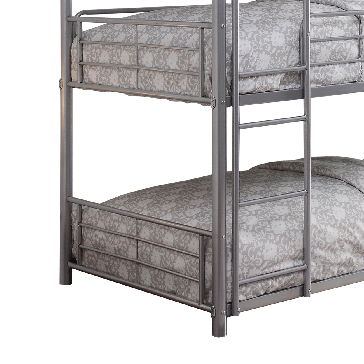 Metal Triple Twin Over Twin Size Bunk Bed With Built In Ladder, Silver- Saltoro Sherpi