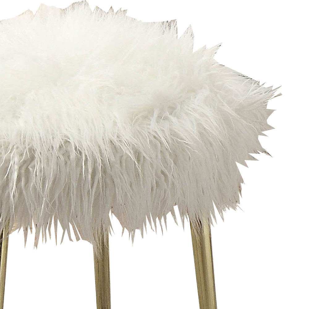 Faux Fur Upholstered Contemporary Metal Ottoman, White And Gold- Saltoro Sherpi