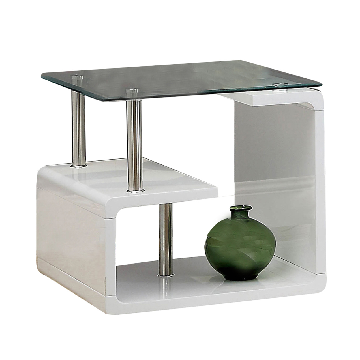 Contemporary End Table With Multi Level Curled Open Shelf, White- Saltoro Sherpi
