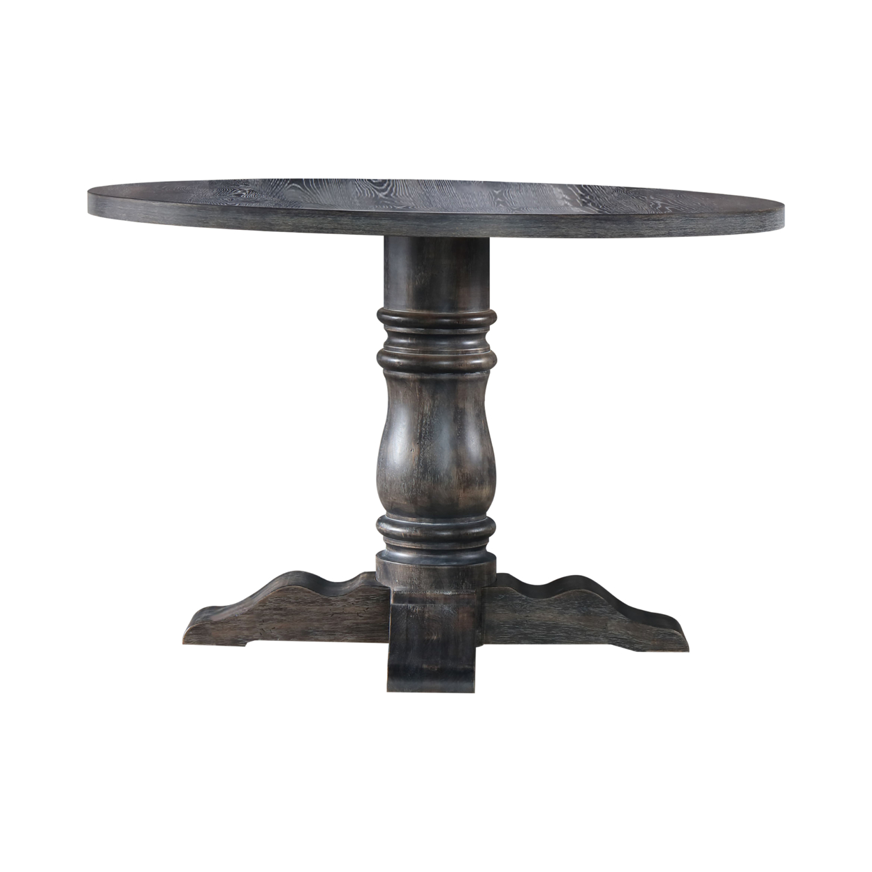 Wooden Round Dining Table With Heavy Pedestal Feet, Weathered Gray- Saltoro Sherpi