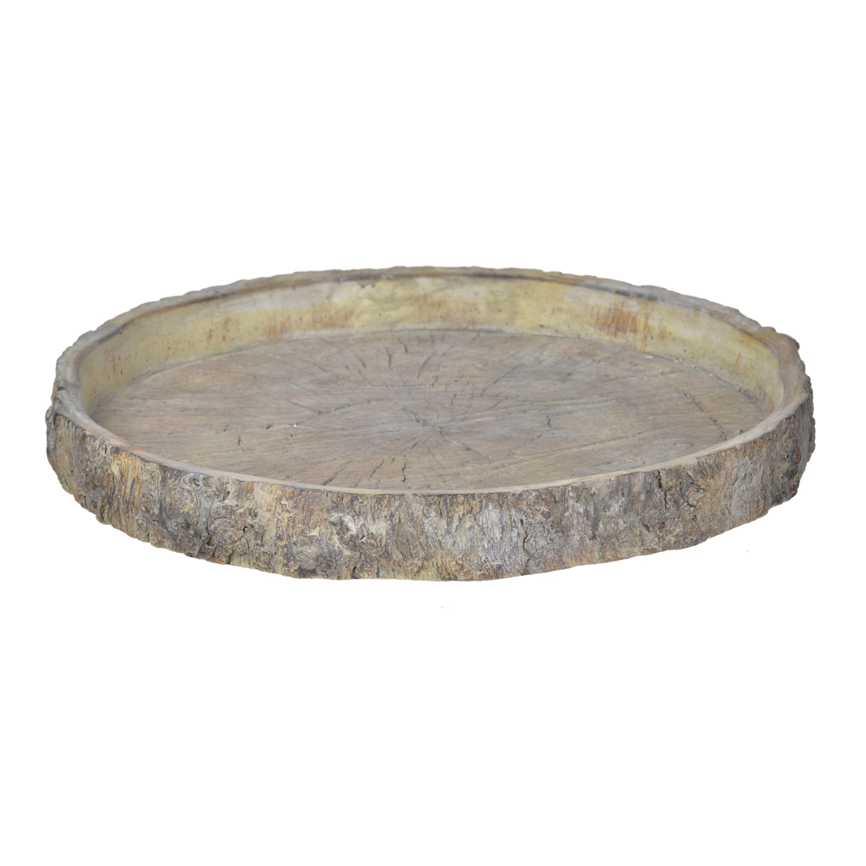 Round Shape Cemented Log Plate With Distressed Details, Gray- Saltoro Sherpi