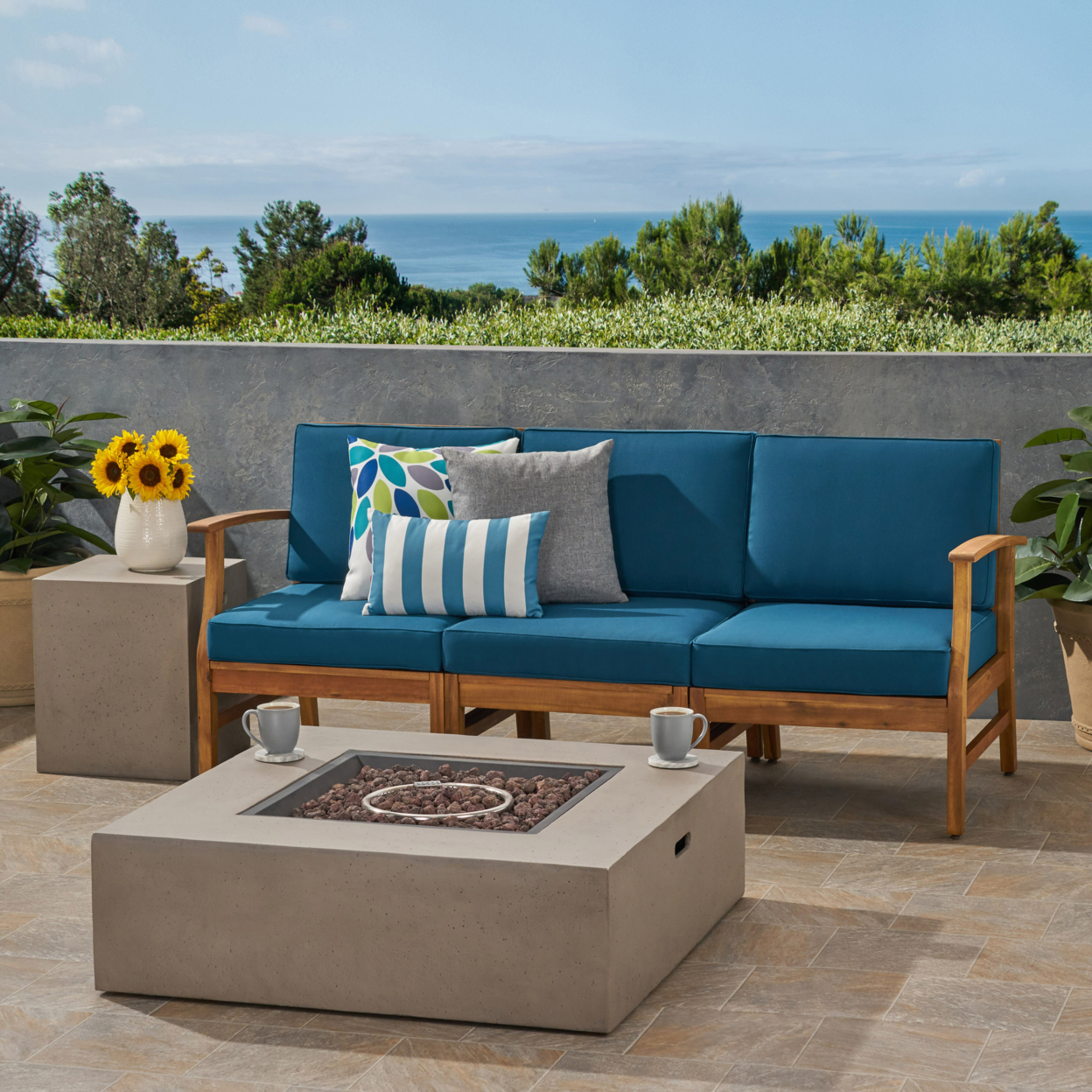 Sydney Outdoor 3 Seater Acacia Wood Sofa Set With Rectangular Fire Table And Tank Holder - Teak + Blue + Light Gray