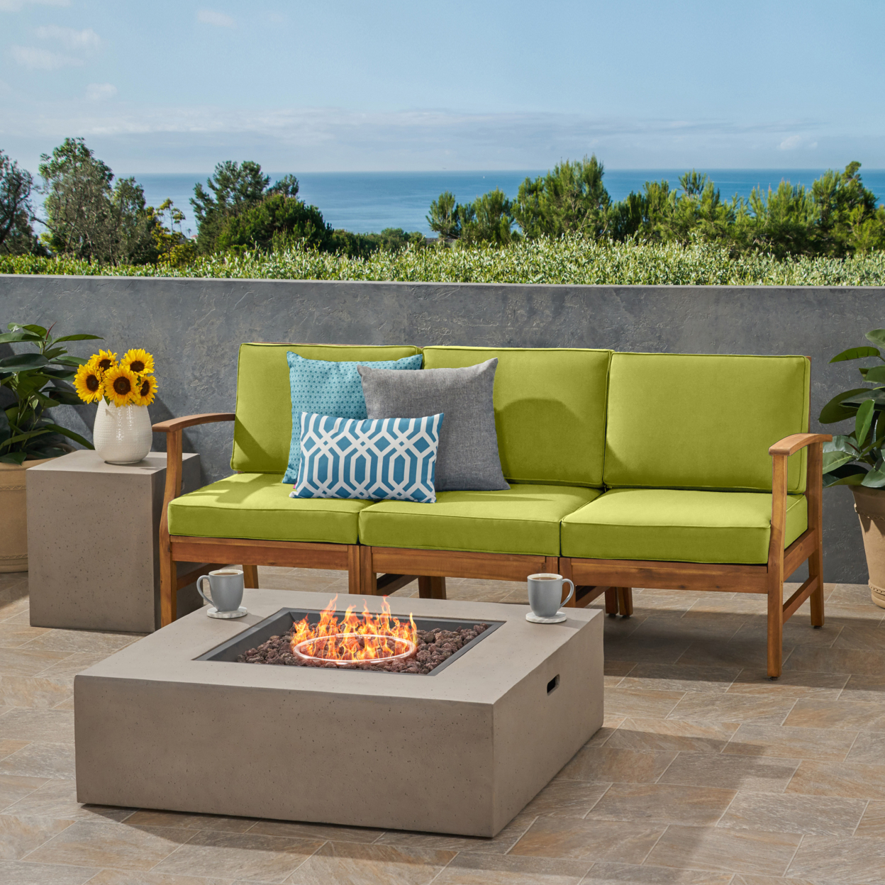 Sydney Outdoor 3 Seater Acacia Wood Sofa Set With Rectangular Fire Table And Tank Holder - Teak + Green + Light Gray