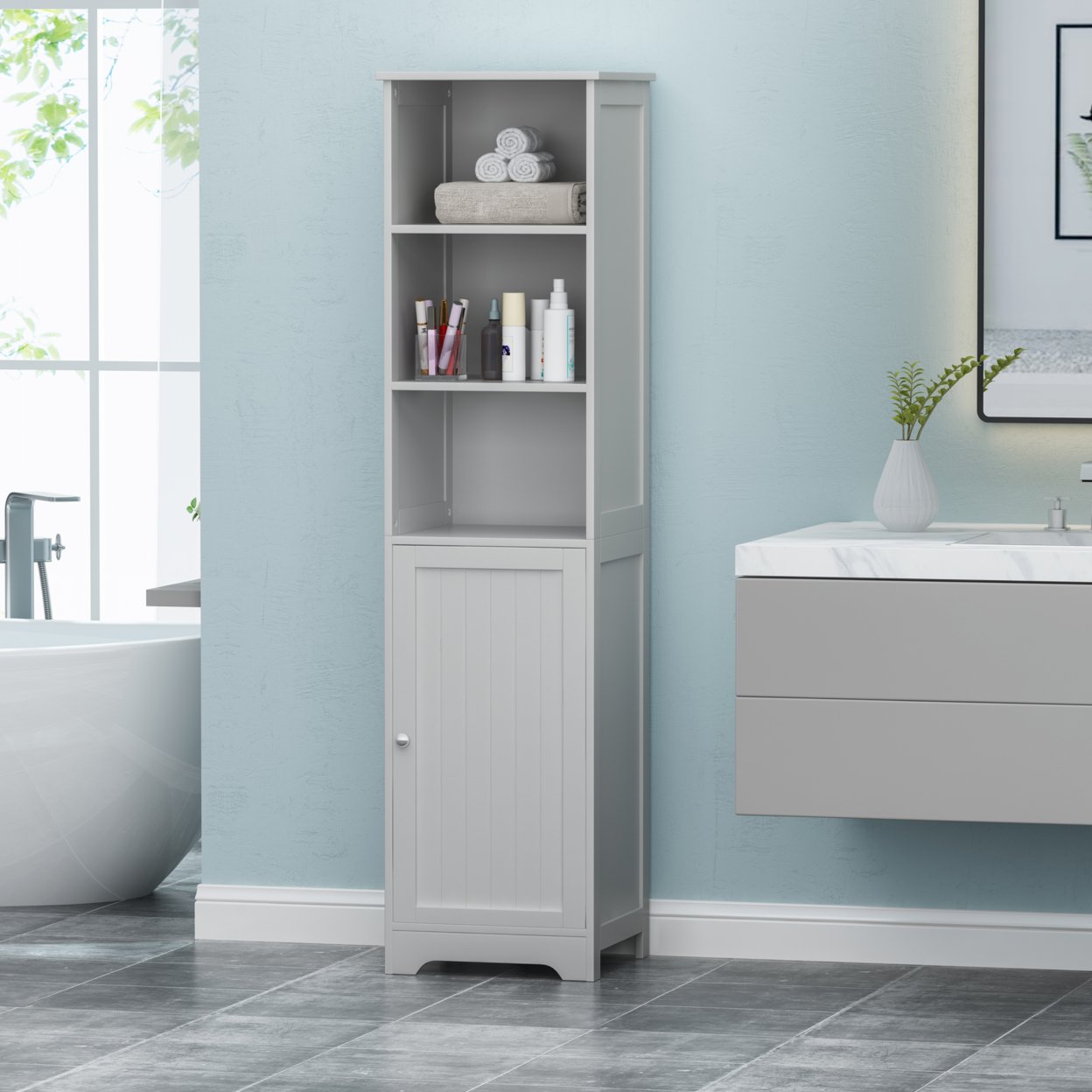 Lauren Modern Free Standing Bathroom Linen Tower Storage Cabinet - Light Gray