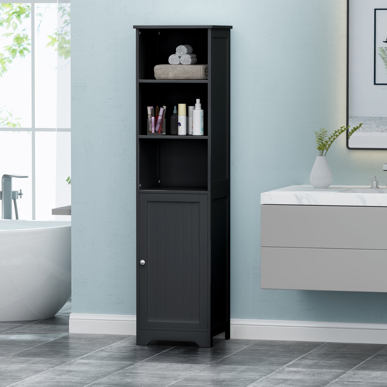 Lauren Modern Free Standing Bathroom Linen Tower Storage Cabinet - Black