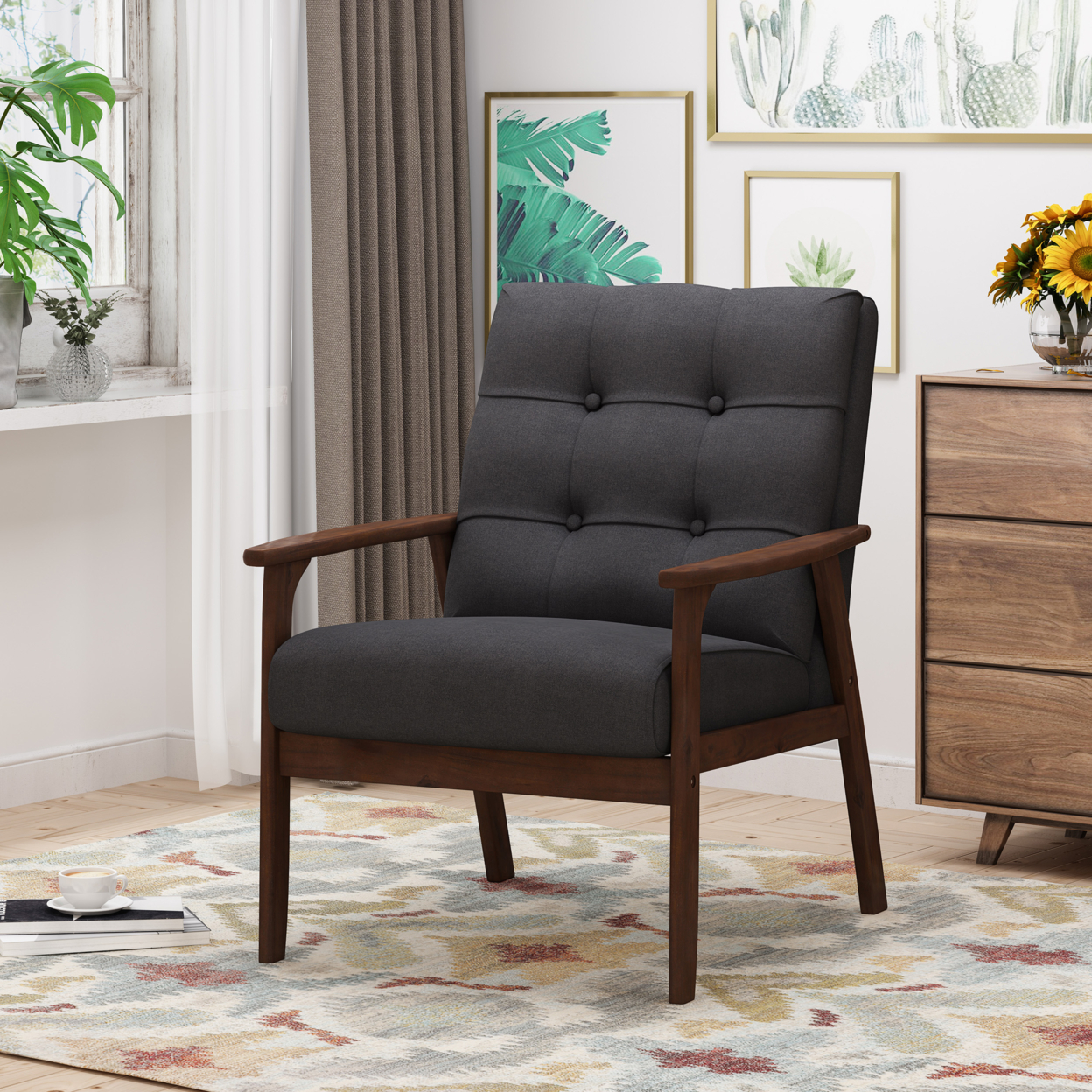 Norfolk Mid Century Waffle Stitch Tufted Accent Arm Chair With Rubberwood Legs - Single