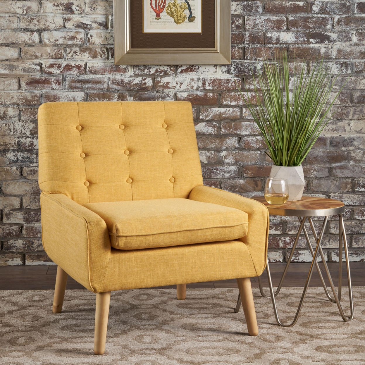 Eonna Buttoned Mid Century Modern Fabric Armchair - Muted Yellow