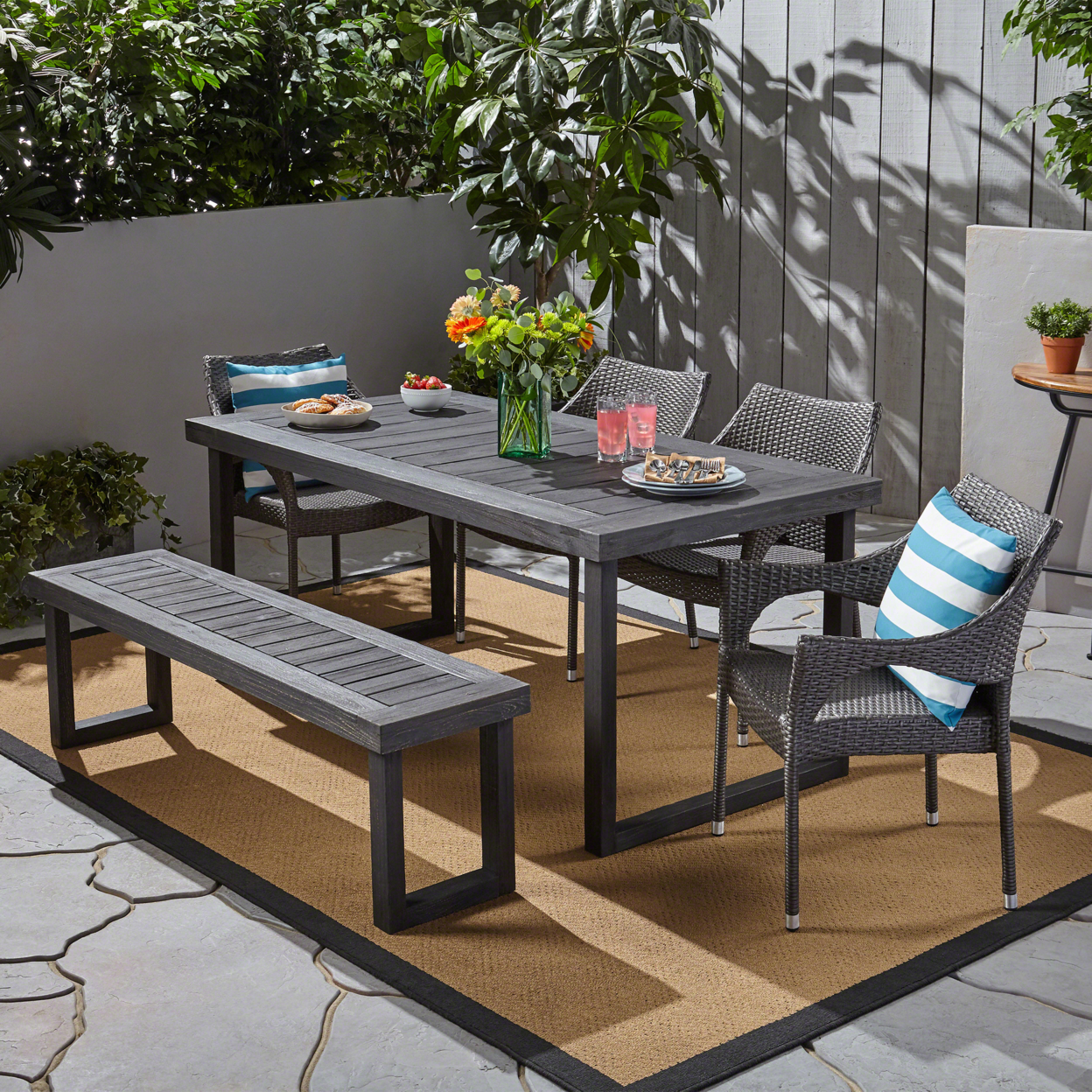 Alva Outdoor 6-Seater Aluminum Dining Set With Wicker Chairs And Bench - Sandblast Dark Grey + Gray