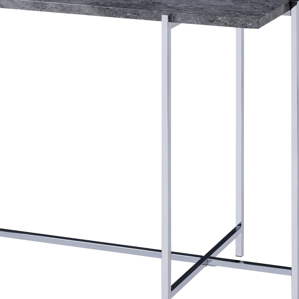 Contemporary Marble Top Sofa Table With Trestle Base , Gray And Silver- Saltoro Sherpi