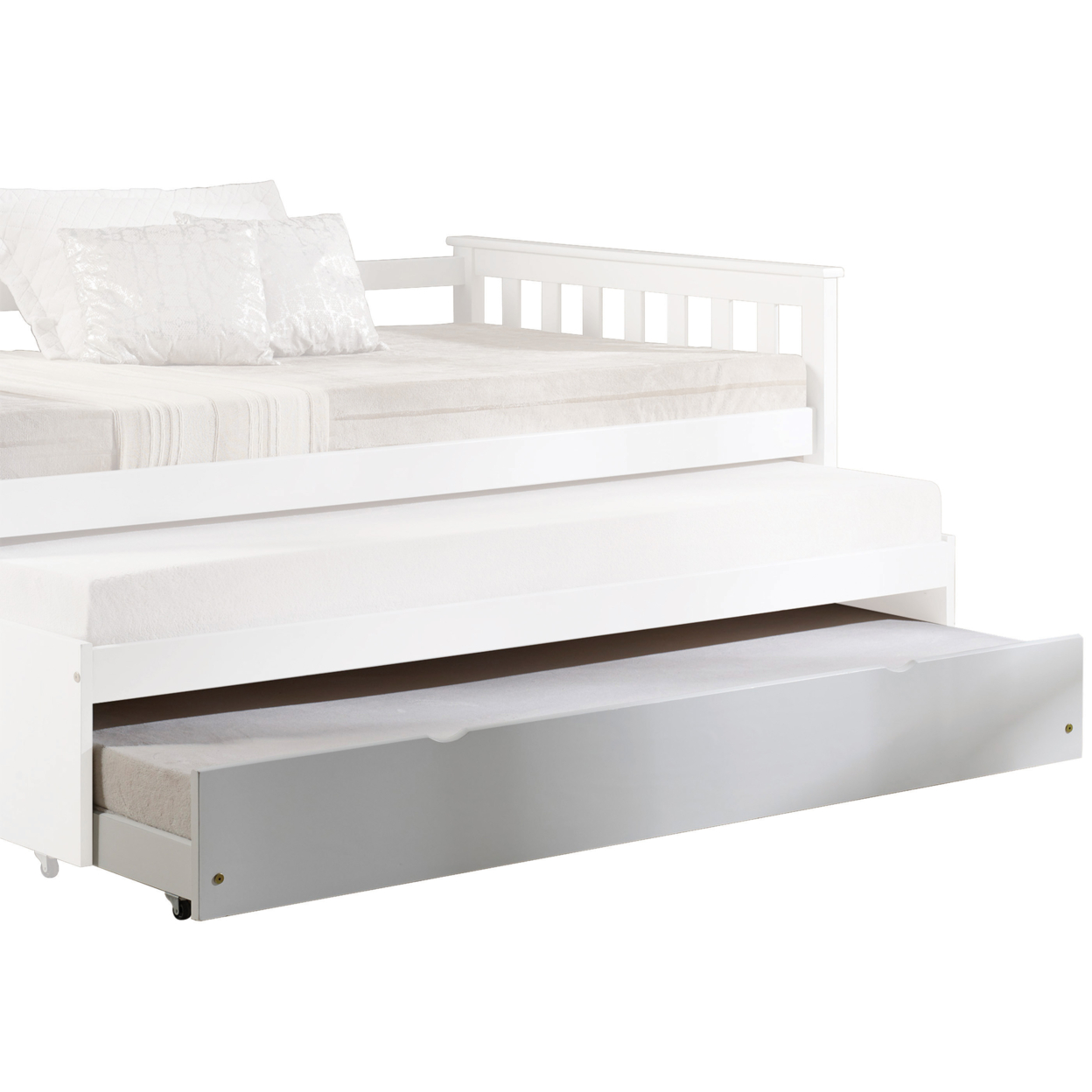 Mission Style Wooden Twin Size Daybed Trundle With Caster Wheels, White- Saltoro Sherpi