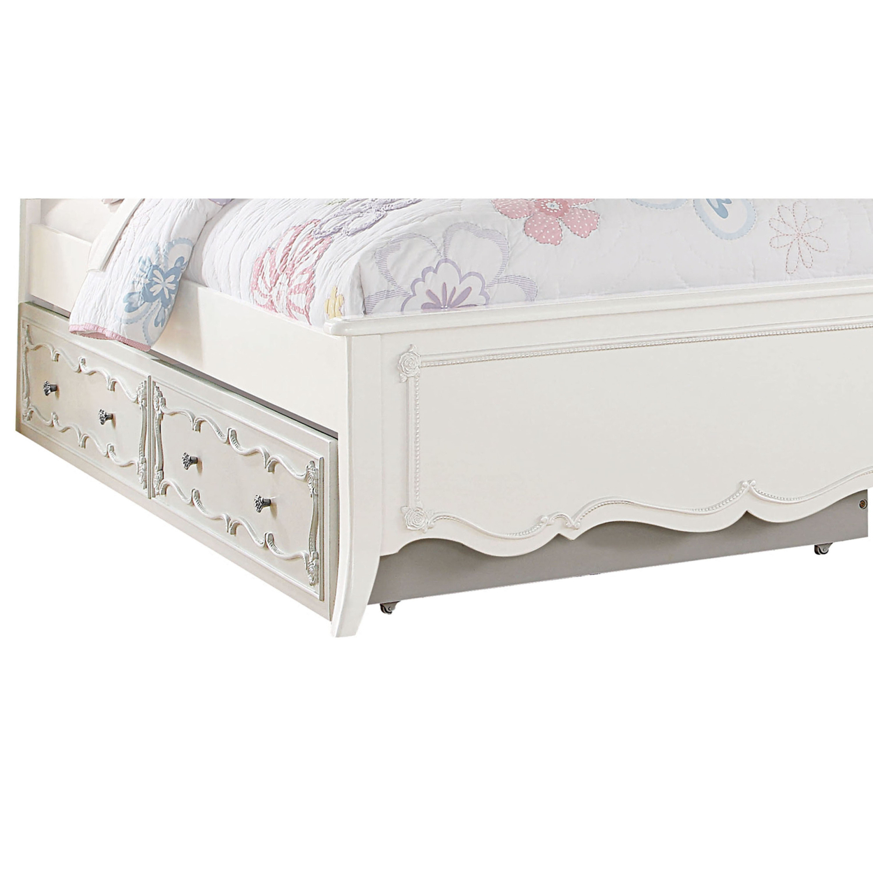Twin Size Wooden Trundle With Round Knobs And Caster Wheels, White- Saltoro Sherpi