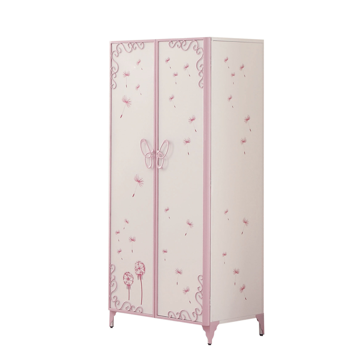 Metal Armoire With Butterfly Handle And Dandelions, White And Purple- Saltoro Sherpi