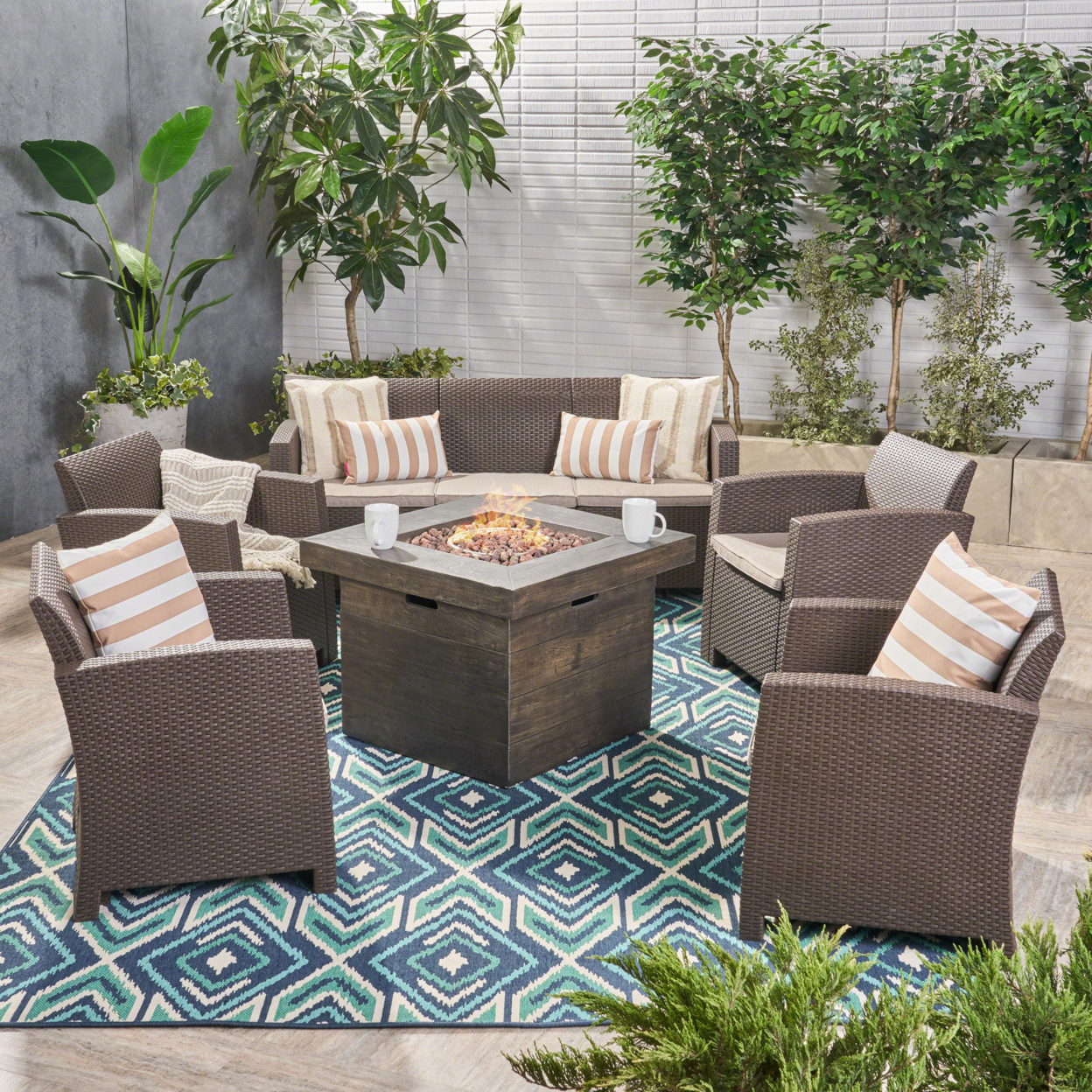 Peter Outdoor For 7 Chat Set& Fire Pit - Brown