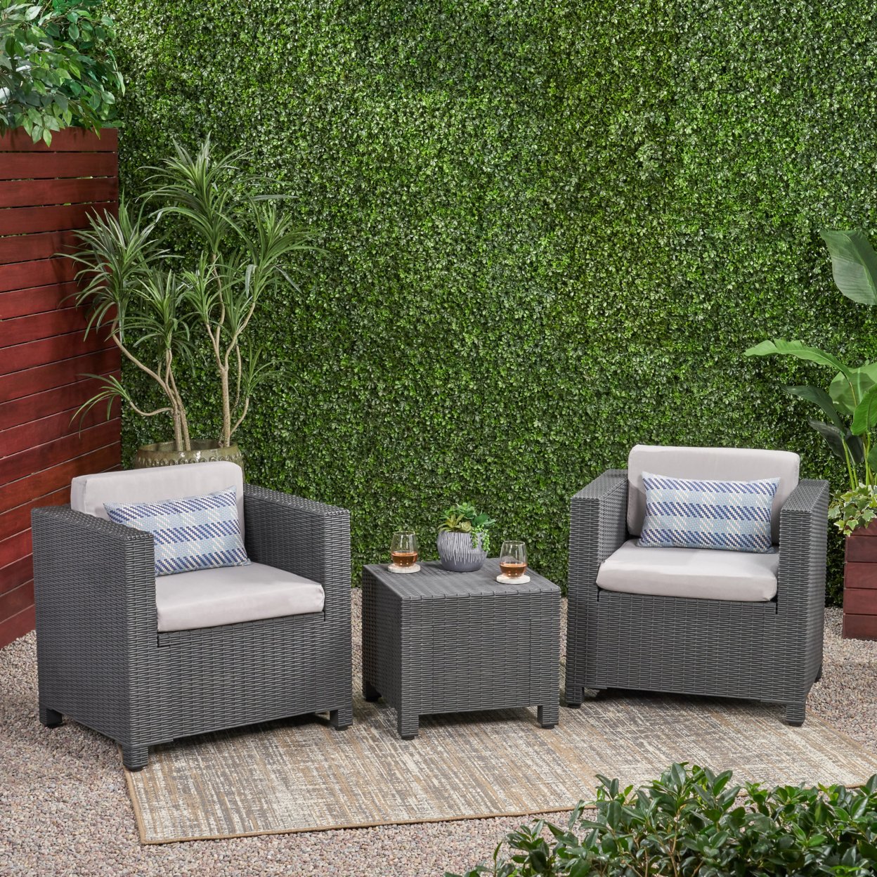 Odessa Outdoor Wicker 2 Seater Chat Set With Side Table - Dark Gray + Gray