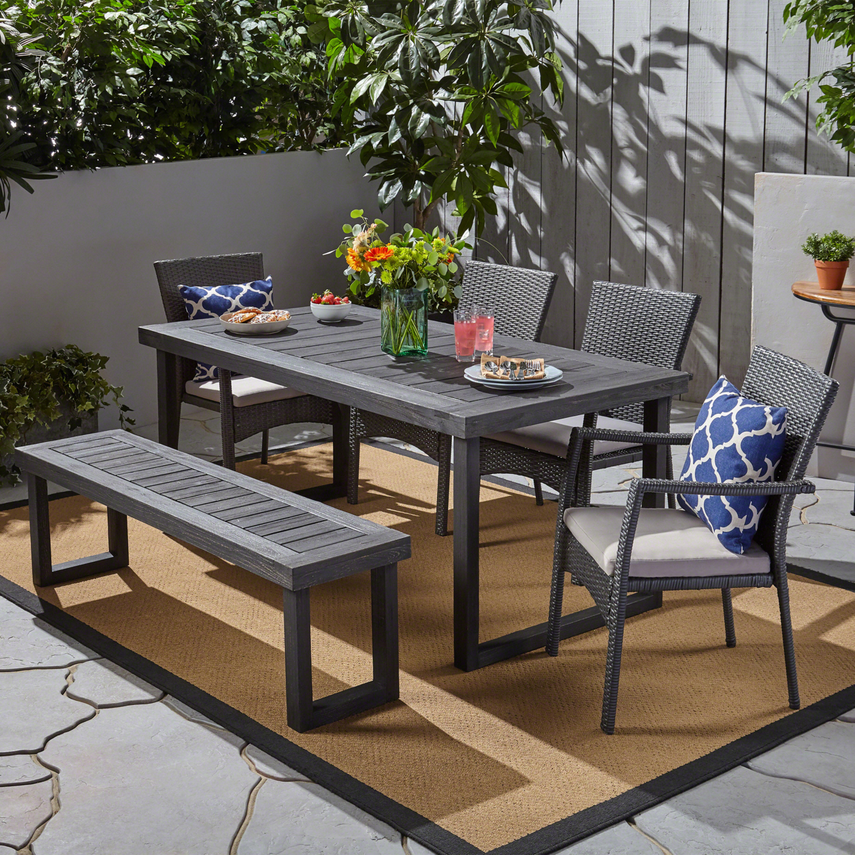 Odelette Isabel Outdoor 6-Seater Aluminum Dining Set With Wicker Chairs And Bench - Sandblast Dark Grey + Gray