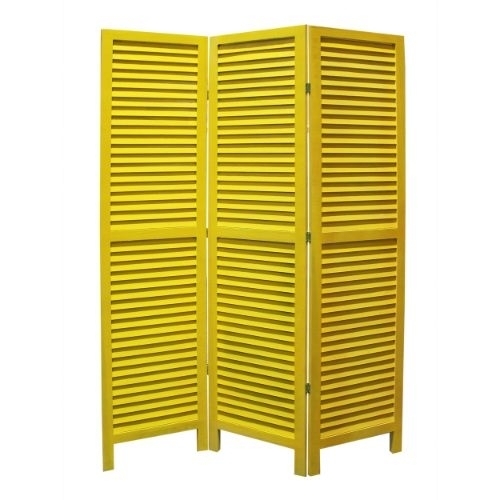 3 Panel Foldable Wooden Shutter Screen With Straight Legs, Yellow- Saltoro Sherpi