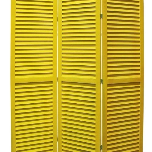 3 Panel Foldable Wooden Shutter Screen With Straight Legs, Yellow- Saltoro Sherpi
