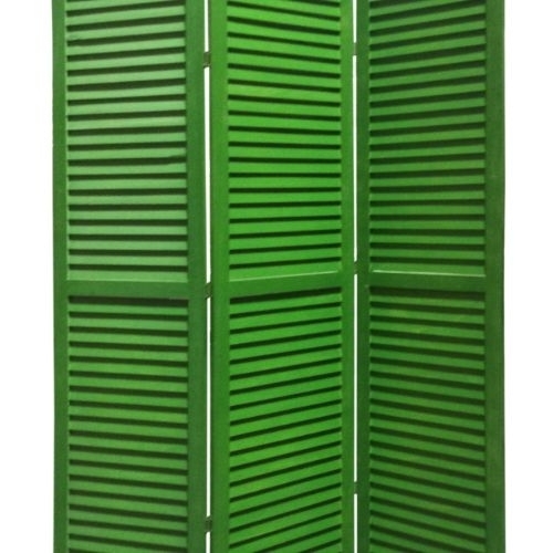 3 Panel Foldable Wooden Shutter Screen With Straight Legs, Green- Saltoro Sherpi
