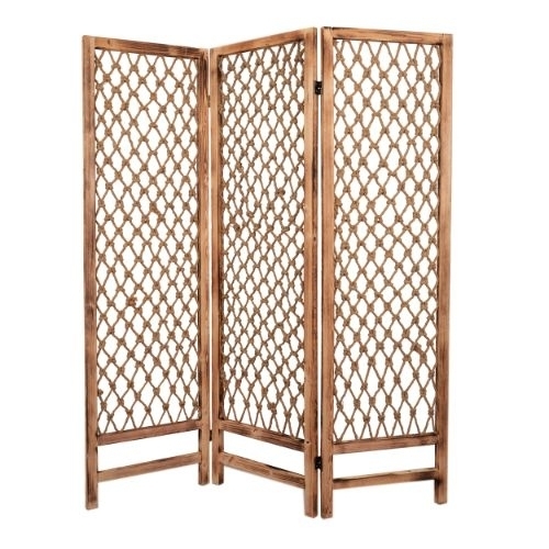 3 Panel Traditional Foldable Screen With Rope Knot Design, Brown- Saltoro Sherpi