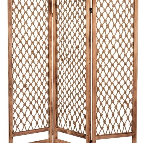 3 Panel Traditional Foldable Screen With Rope Knot Design, Brown- Saltoro Sherpi