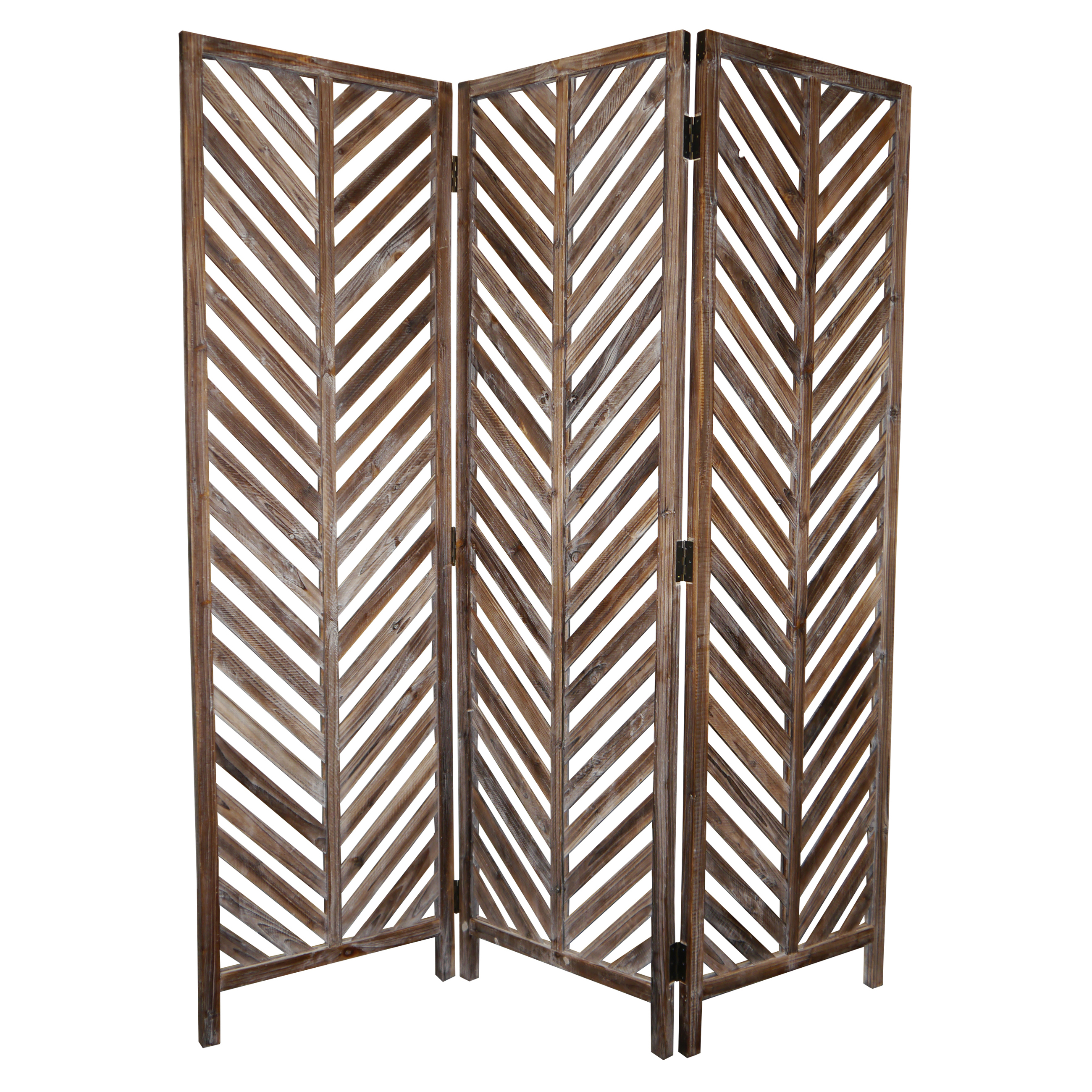 3 Panel Foldable Wooden Screen With Herringbone Pattern, Brown- Saltoro Sherpi