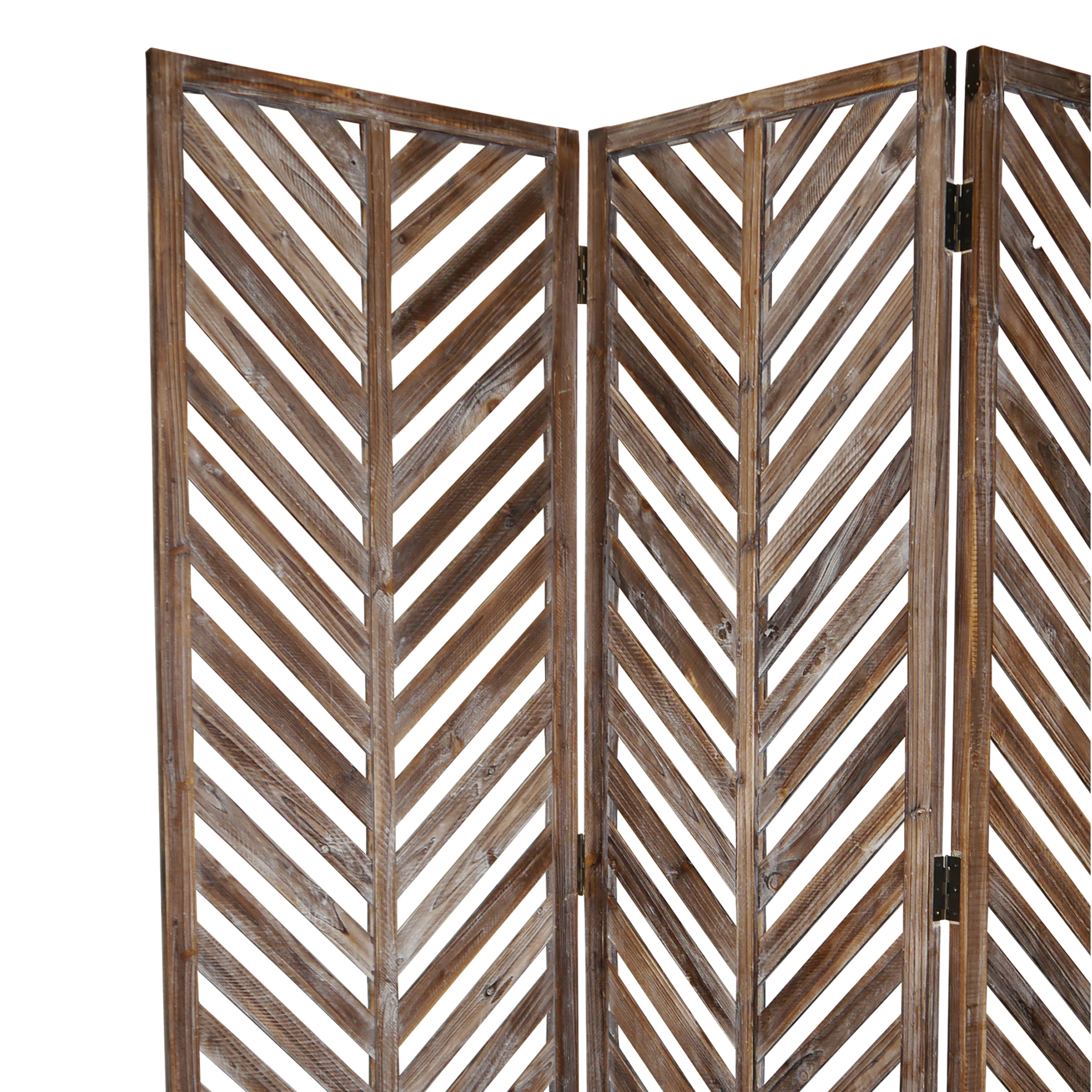 3 Panel Foldable Wooden Screen With Herringbone Pattern, Brown- Saltoro Sherpi