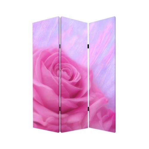3 Panel Foldable Canvas Screen With Rose Print, Pink- Saltoro Sherpi
