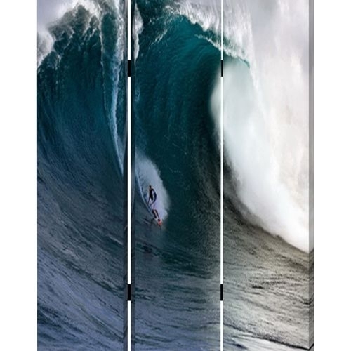 Surfing High Wave Print Foldable Canvas Screen With 3 Panels, Blue- Saltoro Sherpi