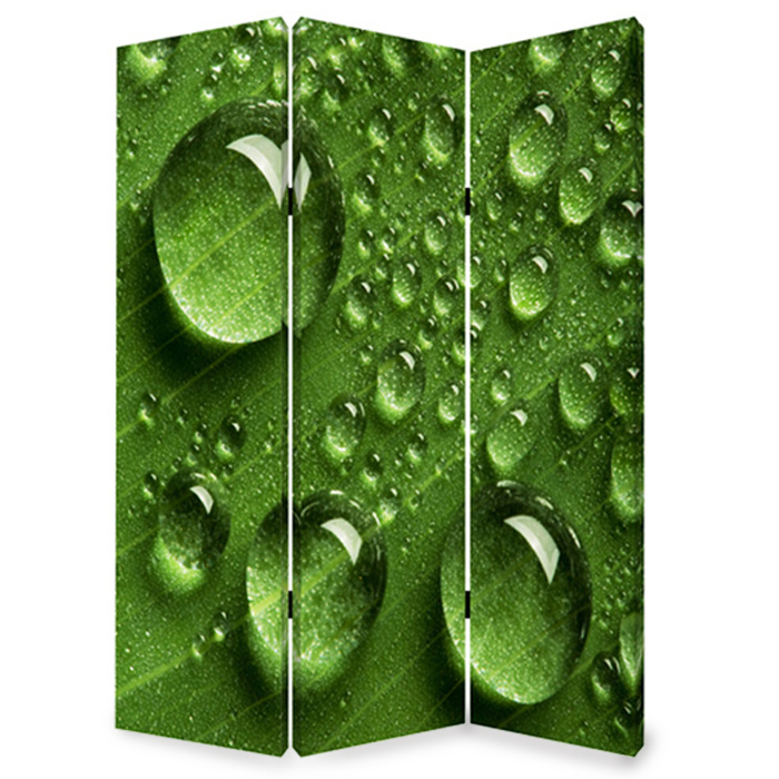 Morning Dew Print Foldable Canvas Screen With 3 Panels, Green- Saltoro Sherpi