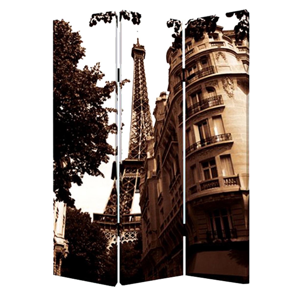 3 Panel Foldable Canvas Screen With Eiffel Tower Print, Brown- Saltoro Sherpi