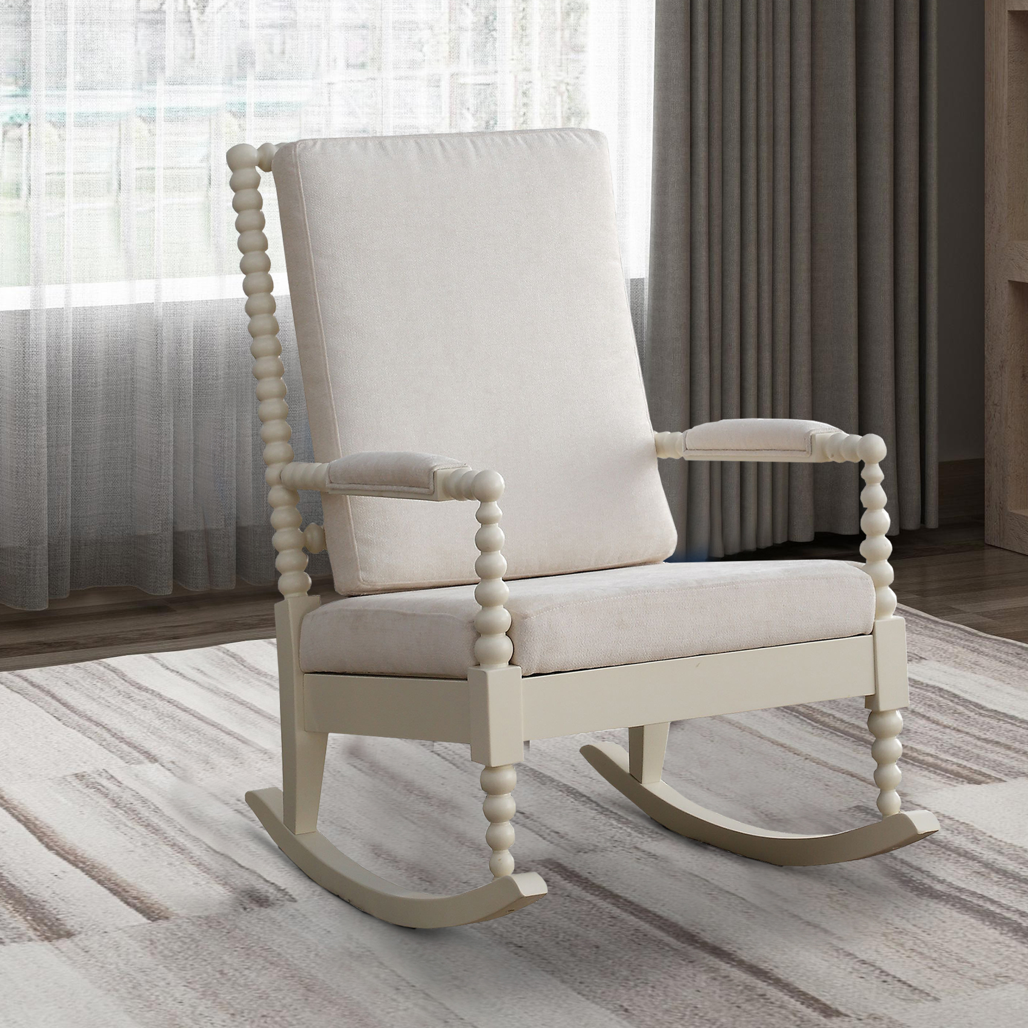 Wooden Rocking Chair With Fabric Upholstered Cushions, White- Saltoro Sherpi