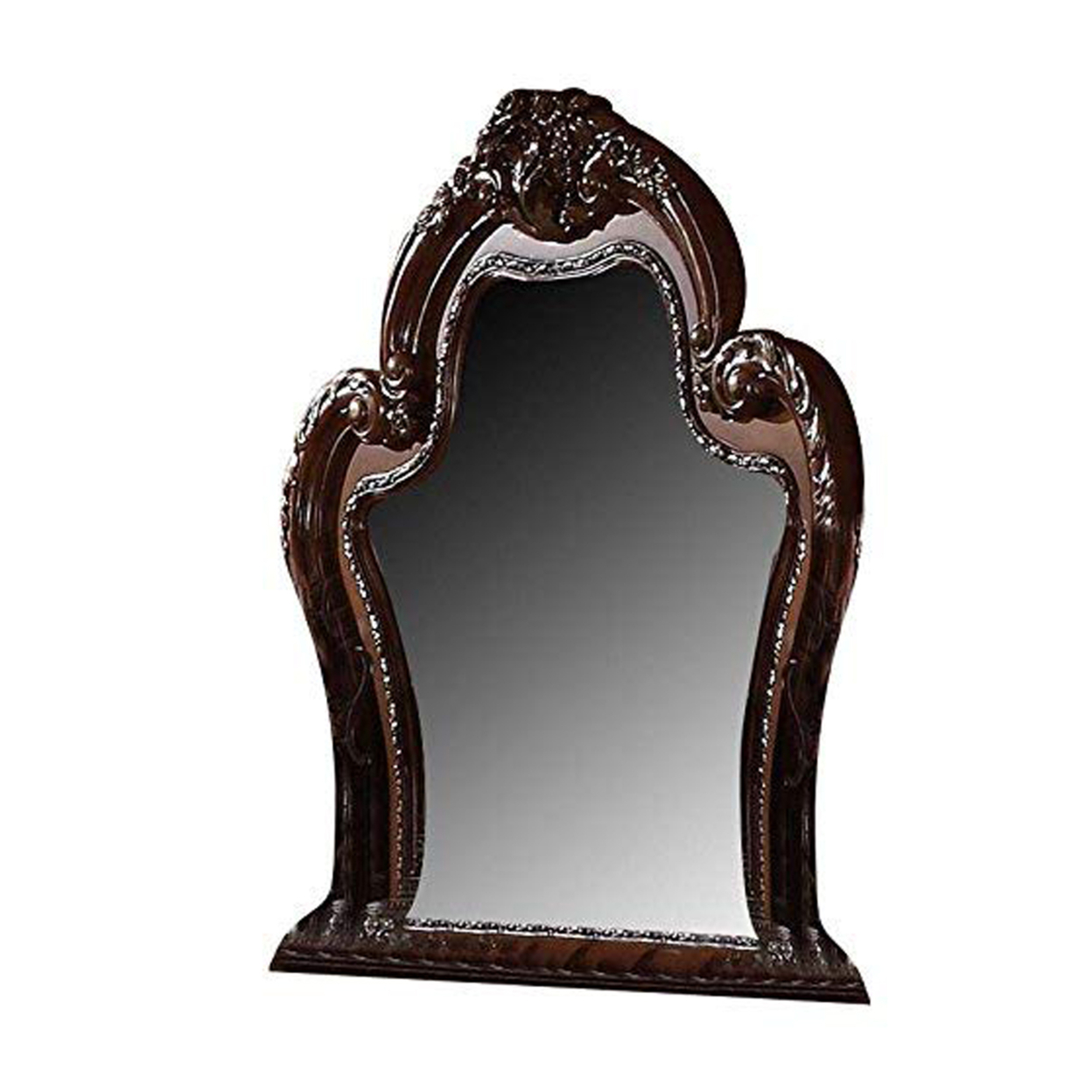 Traditional Wooden Mirror With Oversized Polyresin Scrollwork, Brown- Saltoro Sherpi