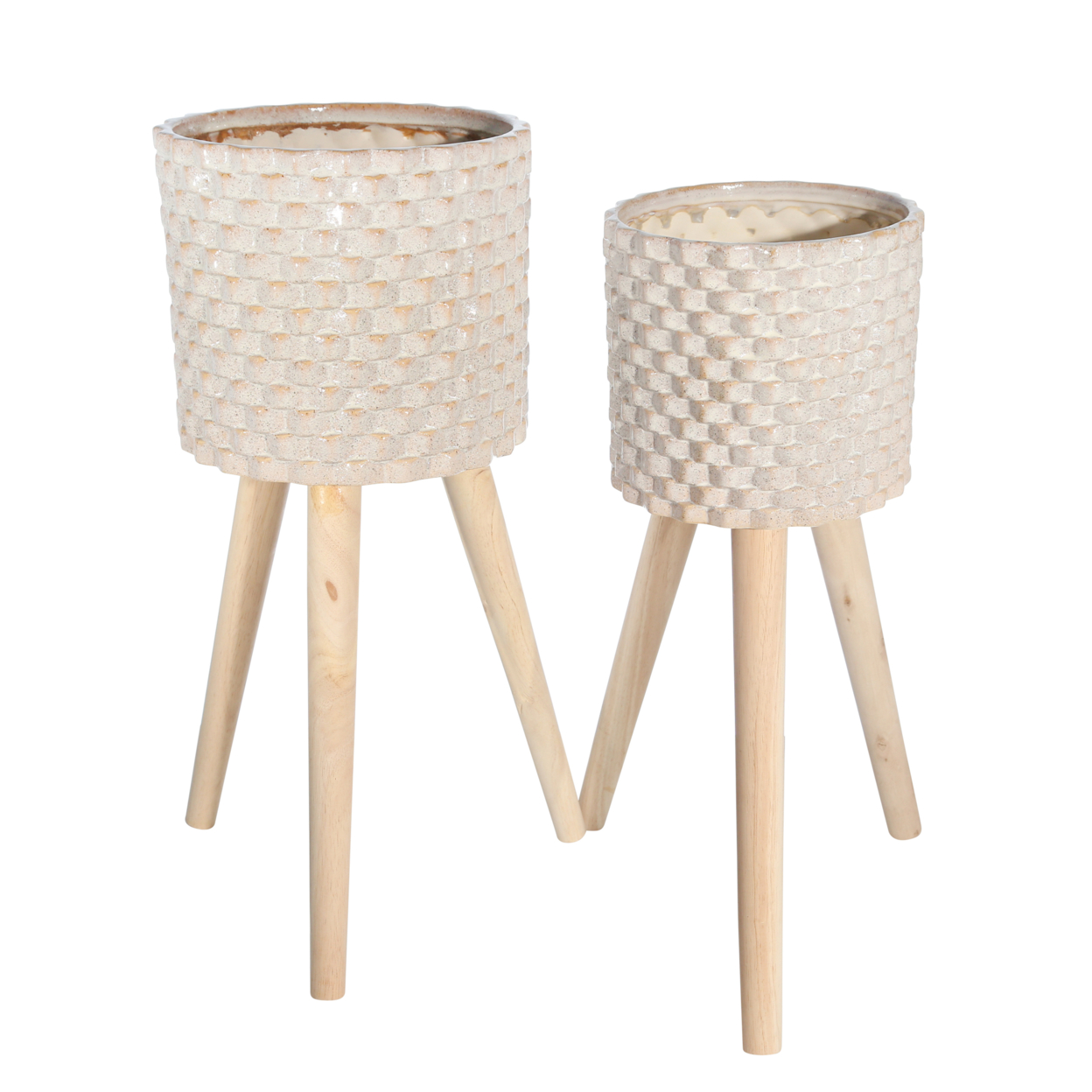 Textured Ceramic Planter With Tripod Legs, Set Of 2, Cream And Brown- Saltoro Sherpi