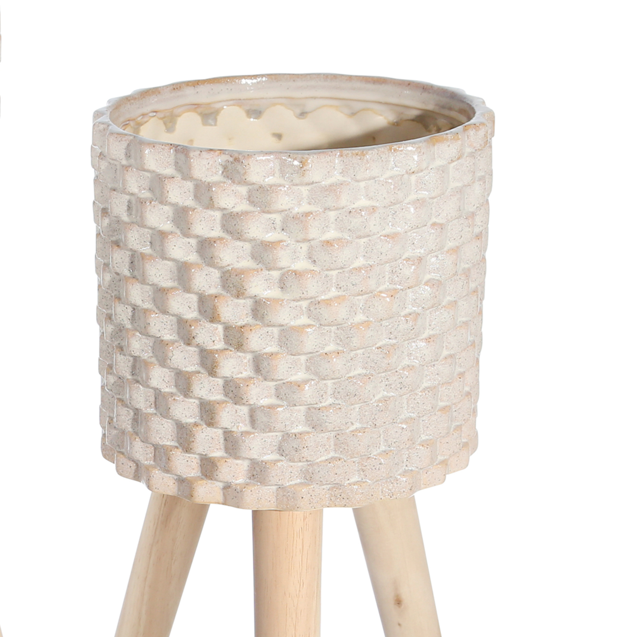 Textured Ceramic Planter With Tripod Legs, Set Of 2, Cream And Brown- Saltoro Sherpi