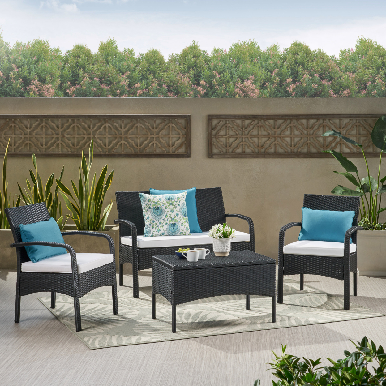 Clayton Outdoor 4 Piece Black Wicker Chat Set With White Water Resistant Cushions