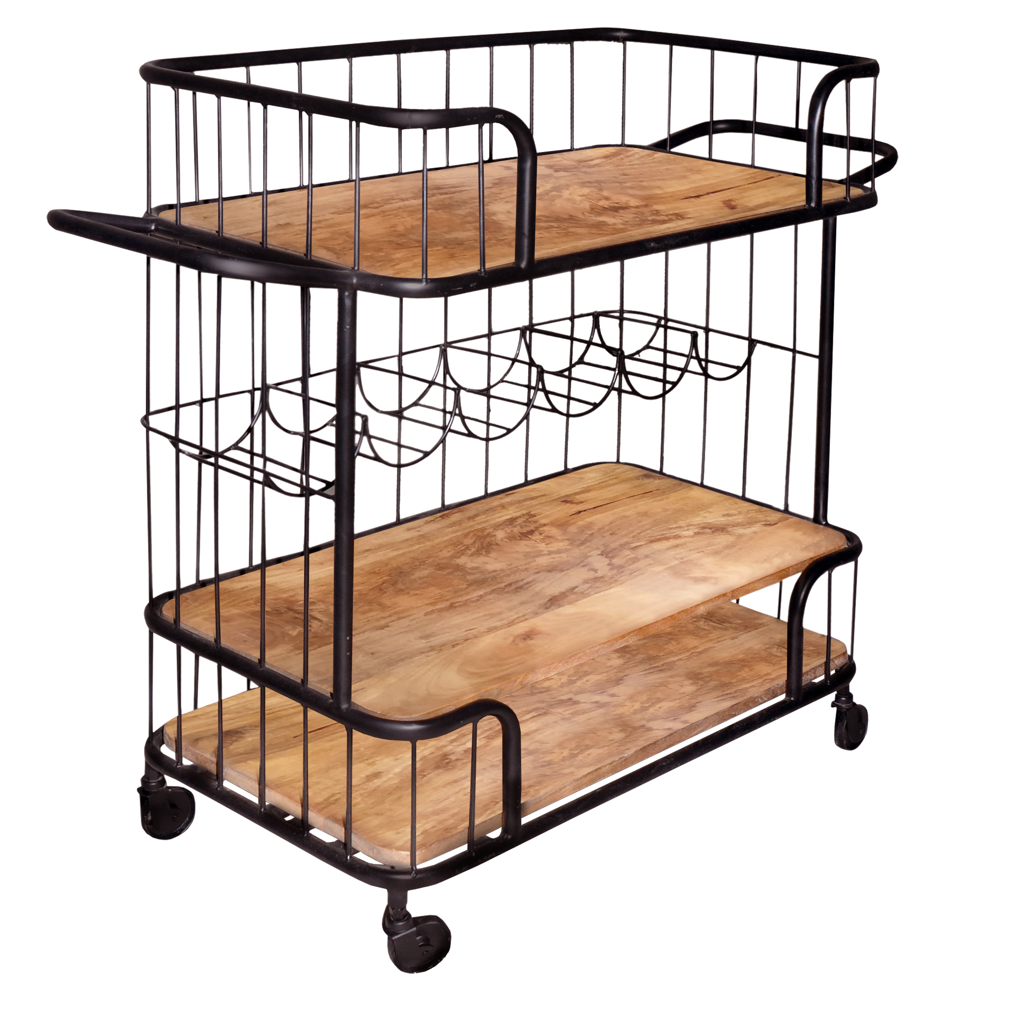 Metal Frame Bar Cart With Wooden Top And 2 Shelves, Black And Brown- Saltoro Sherpi