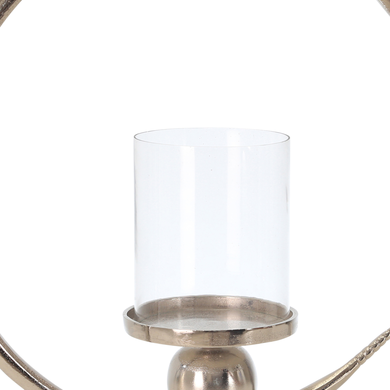 Metal Ring Candle Holder With Glass Hurricane, Large, Clear And Silver- Saltoro Sherpi