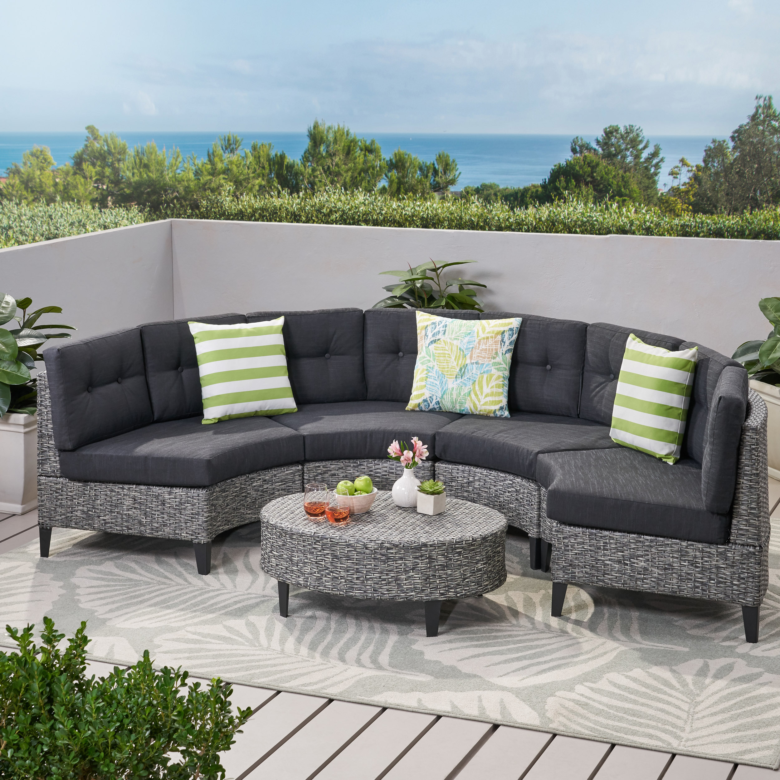 Currituck Outdoor 5 Piece Mixed Black Wicker Sofa Set With Dark Grey Water Resistant Fabric Cushions
