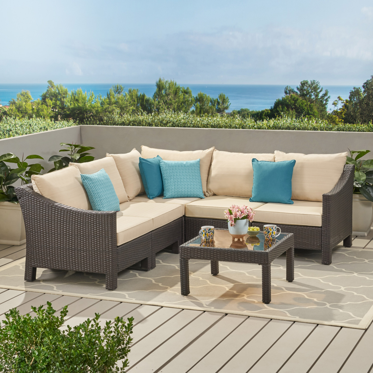 Caspian 6pc Outdoor Wicker V-shaped Sectional Sofa Set With Cushions - Multibrown / Beige