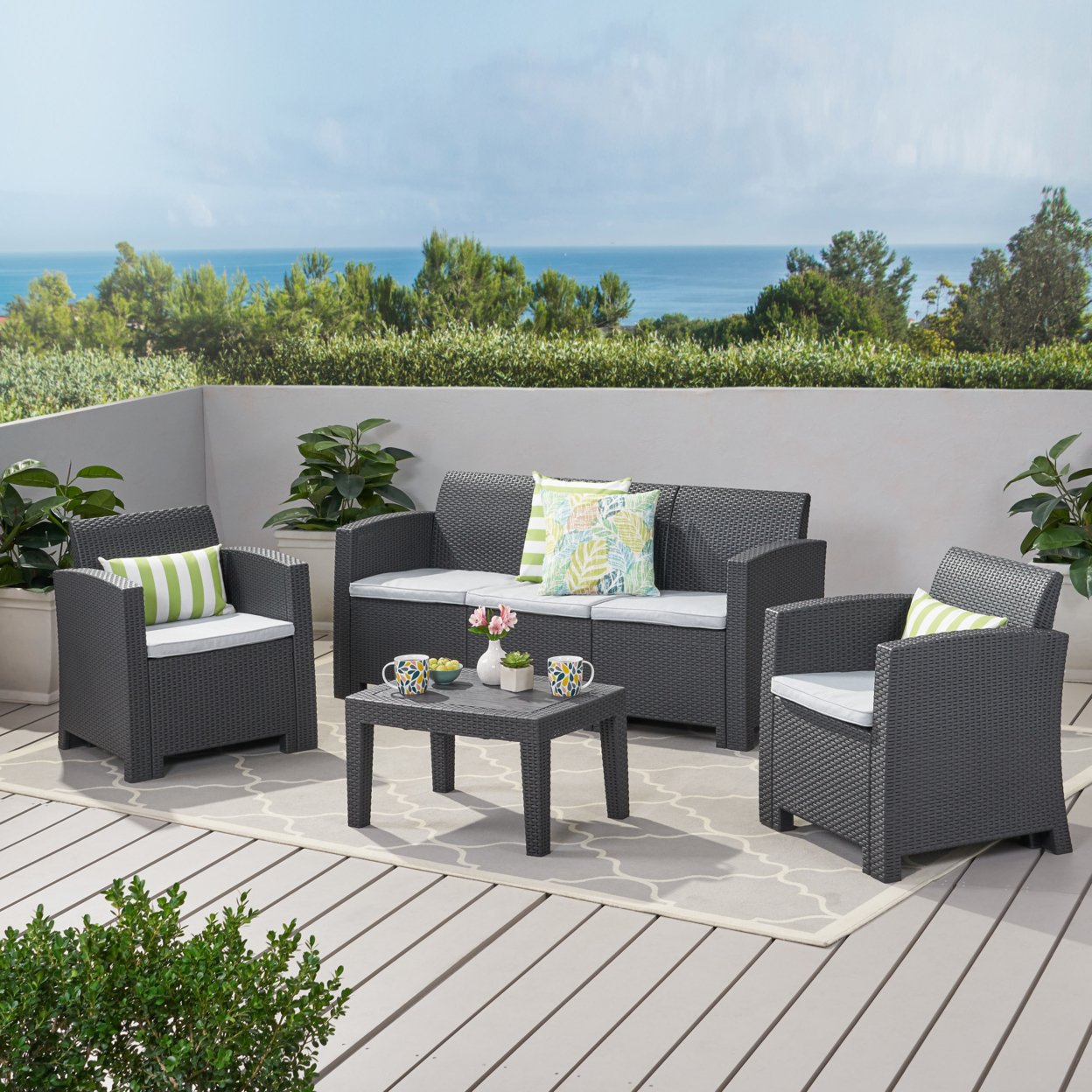 Jacob Outdoor 4 Piece Charcoal Faux Wicker Rattan Style Chat Set - Charcoal, Light Gray