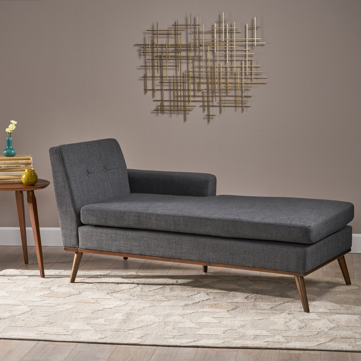Sophia Mid-Century Modern Fabric Chaise Lounge - Muted Dark Gray