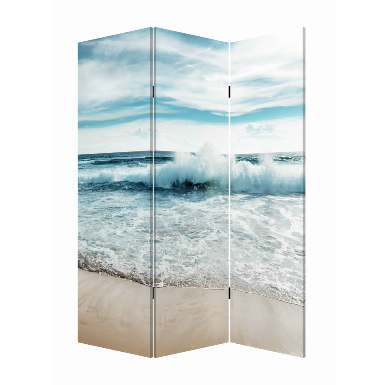 Foldable Canvas Screen With Ocean Shore Print And 3 Panels, Multicolor- Saltoro Sherpi